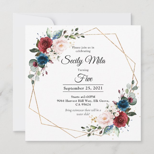 Convites Burgundy Marinho Blush Floral Dourado Geométrico A (Frente)