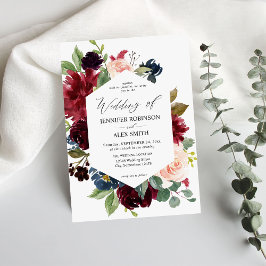 Convites Burgundy & Marinho, Casamento Floral Cor-de-Rosa E