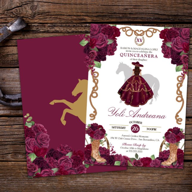 Convites Burgundy Maroon Charro Vestidos Quinceañera (Criador carregado)