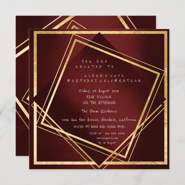 Convites Burgundy Maroon Geometry Ouro Square Aniversário (Frente/Verso)