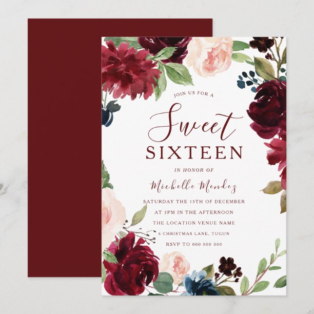 Convites Burgundy Maroon Red Floral Sweet 16 Party (Frente/Verso)