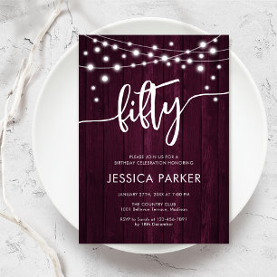 Convites Burgundy Maroon Rustic Wood 50ª Festa de aniversár