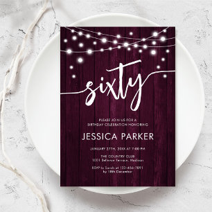 Convites Burgundy Maroon Rustic Wood 60ª Festa de aniversár