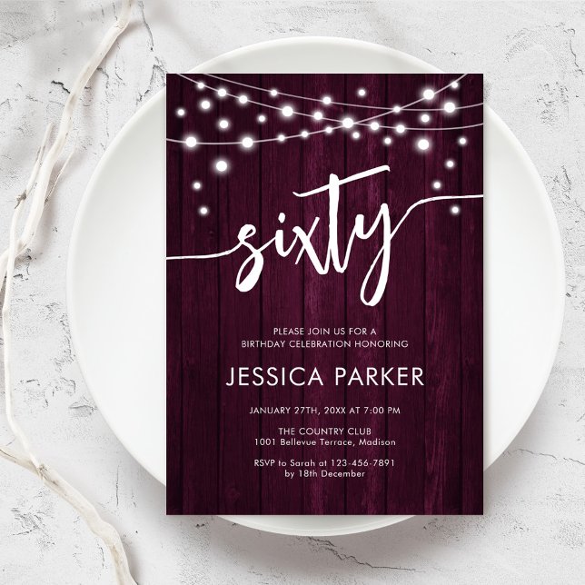 Convites Burgundy Maroon Rustic Wood 60ª Festa de aniversár (Criador carregado)