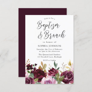 Convites Burgundy Maroon Watercolor Floral Baptism & Brunch