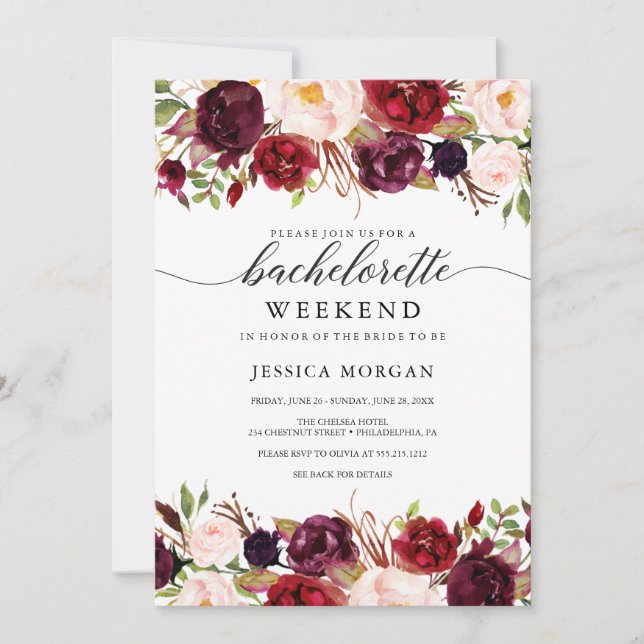 Convites Burgundy Marsala Bachelorette Weekend Itinerário (Frente)