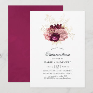 Convites Burgundy - Marsala Bege e Dourado Quinceañera