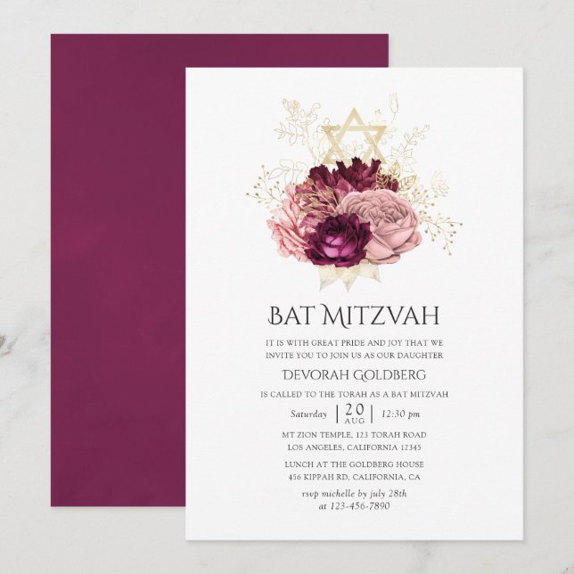 Convites Burgundy Marsala Blush Pink e Dourado Bat Mitzvah (Frente/Verso)