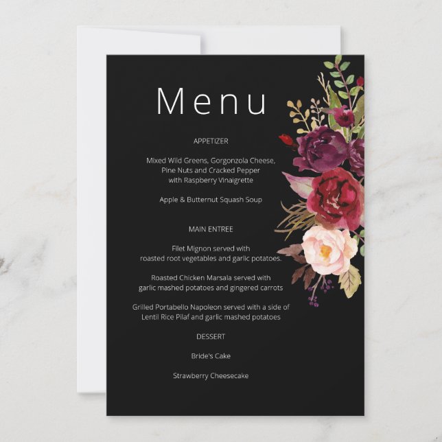 Convites Burgundy Marsala e Blush Floral Menu - Black Inv (Frente)