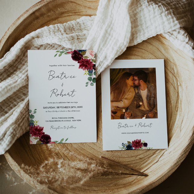 Convites Burgundy Marsala e Blush Foto De Casamento Floral  (Burgundy Marsala & Blush Pink Floral Wedding Photo Invitation)
