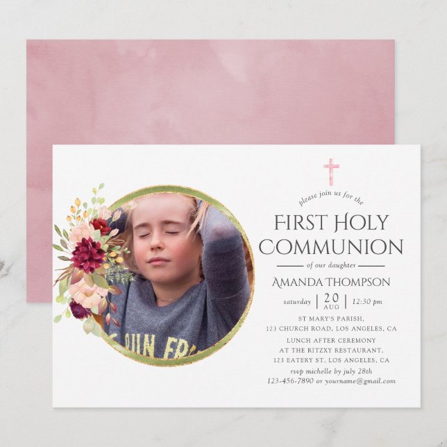 Convites Burgundy-Marsala e Blush Primeira Comunhão Santa (Frente/Verso)