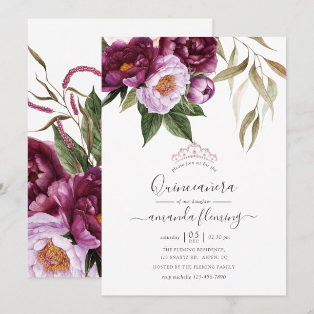 Convites Burgundy - Marsala e Floral de Pêssego Quinceañera (Frente/Verso)