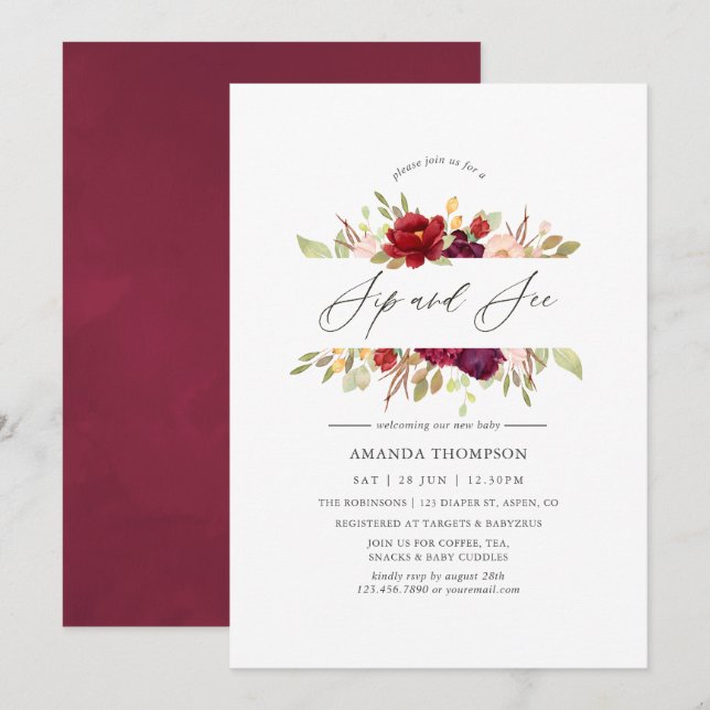 Convites Burgundy - Marsala e floral rosé para prova e visu (Frente/Verso)