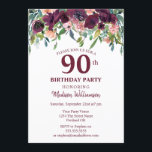 Convites Burgundy Marsala Floral 90 Festa de aniversário<br><div class="desc">Design de cor da água floral moderna em Burgundy Marsala com folhas verdes azuis. Este é um modelo pronto para que você adicione os detalhes de sua festa. Se você quiser alterar a cor ou o estilo da fonte,  clique em personalizar ainda mais no final do modelo.</div>