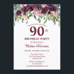 Convites Burgundy Marsala Floral 90 Festa de aniversário<br><div class="desc">Design de cor da água floral moderna em Burgundy Marsala com folhas verdes azuis. Este é um modelo pronto para que você adicione os detalhes de sua festa. Se você quiser alterar a cor ou o estilo da fonte,  clique em personalizar ainda mais no final do modelo.</div>