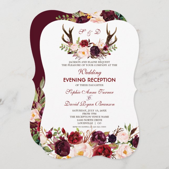Convites Burgundy Marsala Floral Antlers (Frente/Verso)