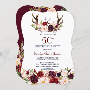 Convites Burgundy Marsala Floral Antlers 50º Aniversário
