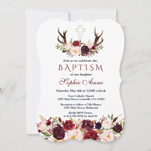 Convites Burgundy Marsala Floral Antlers Baptism (Frente)
