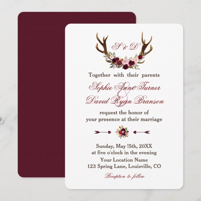 Convites Burgundy Marsala Floral Antlers Casados Monograma (Frente/Verso)