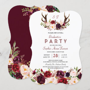 Convites Burgundy Marsala Floral Antlers Festa de formatura