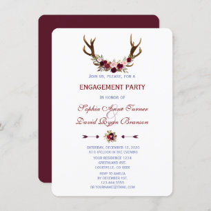 Convites Burgundy Marsala Floral Antlers Festa de noivado
