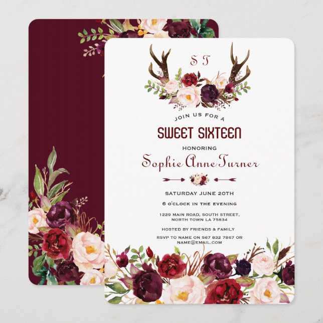 Convites Burgundy Marsala Floral Antlers Monograma Sweet 16 (Frente/Verso)