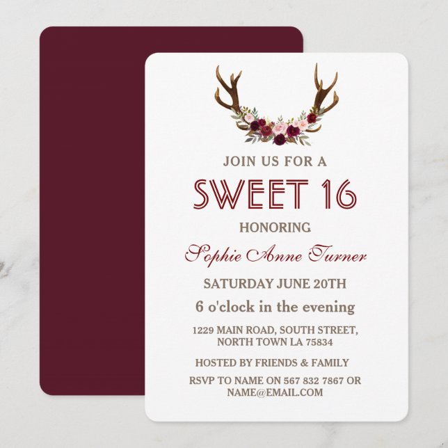 Convites Burgundy Marsala Floral Antlers Sweet 16 Invite (Frente/Verso)