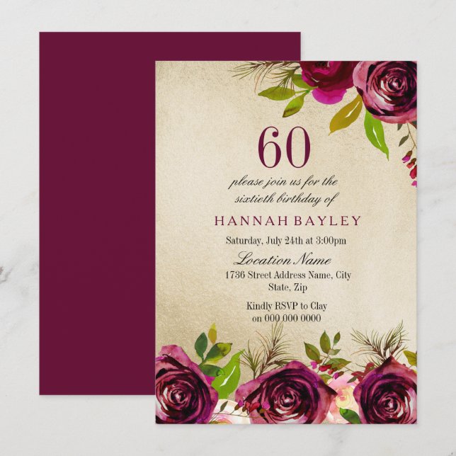 Convites Burgundy Marsala Floral Dourado 60º Aniversário Co (Frente/Verso)