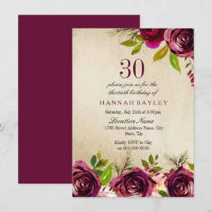 Convites Burgundy Marsala Floral Dourado aniversário de 30 