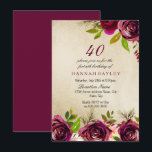 Convites Burgundy Marsala Floral Dourado aniversário de 40<br><div class="desc">Burgundy Marsala Floral Dourado aniversário de 40 anos Convidar Ver coleção correspondente em nicho e ninho loja Lindas e elegantes flores burgundy. Cor d'água pintada à mão perfeita para o seu chá de panela</div>