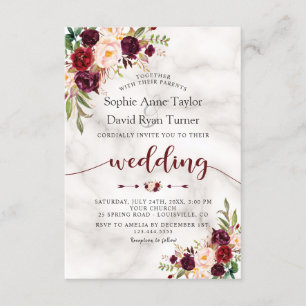 Convites Burgundy Marsala Floral Marble Casamento de Escrit