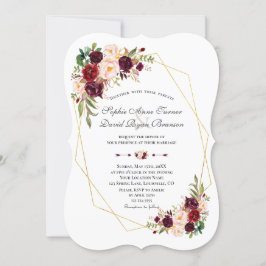Convites Burgundy Marsala Flores Dourado Casamento de Quadr