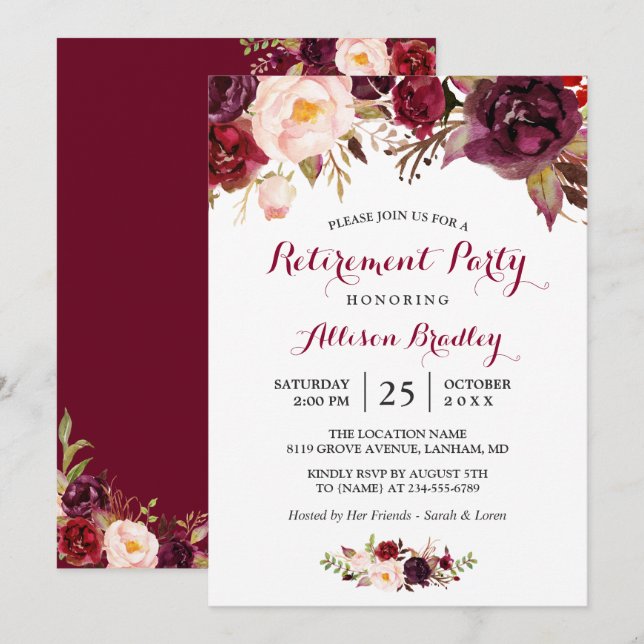 Convites Burgundy Marsala Red Floral Retirement (Frente/Verso)