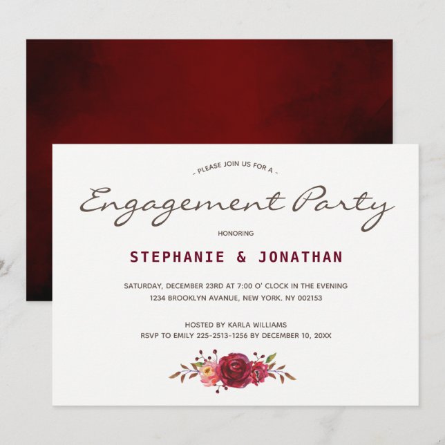 Convites Burgundy Marsala Rosa vermelha Floral (Frente/Verso)