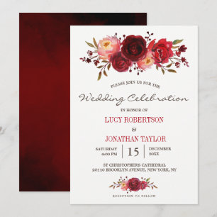Convites Burgundy Marsala Rosas vermelhas Casamento Floral