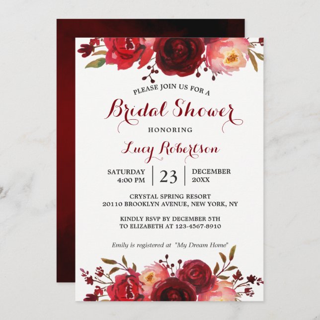 Convites Burgundy Marsala Rosas vermelhas Chá de panela Flo (Frente/Verso)