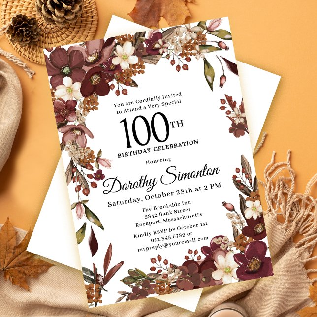 Convites Burgundy Mauve Ivory Fall Floral 100º Aniversário (Need a matching fall welcome sign? Party supplies. Message me!)
