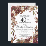 Convites Burgundy Mauve Ivory Fall Floral aniversário de 40<br><div class="desc">Flores elegantes,  maduras e flores brancas de marfim criam um quadro floral muito bonito. Berries e ramos dão uma vibração Boho moderna e rústica. O nome do celebrante de aniversário é escrito em uma fonte de script de eterno. Este artigo faz parte da coleção Borgonha,  Mauve e White Floral.</div>