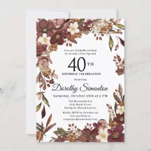 Convites Burgundy Mauve Ivory Fall Floral aniversário de 40