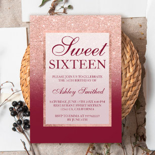 Convites Burgundy mbre ombre, dourado-rosa Faux Sweet 16