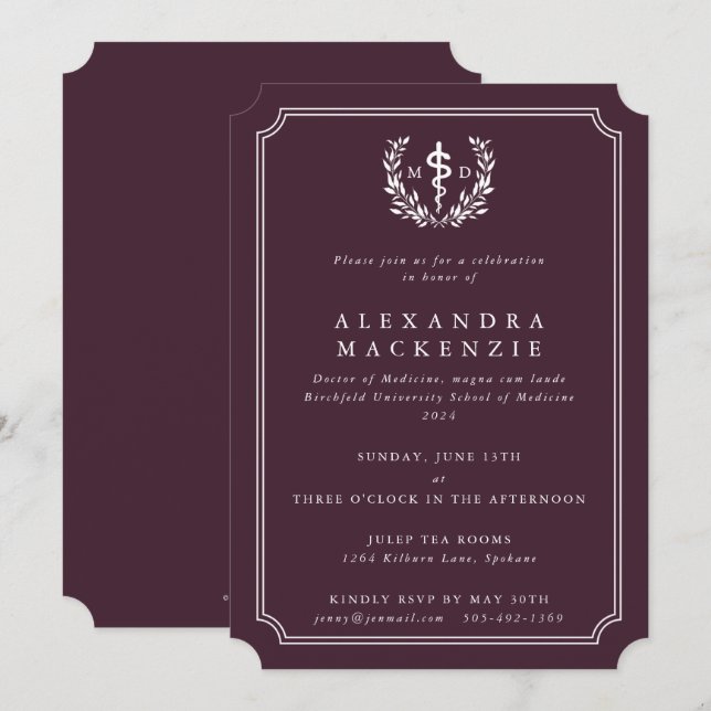 Convites Burgundy MD Asclepius + Laurel Wreath Graduação (Frente/Verso)
