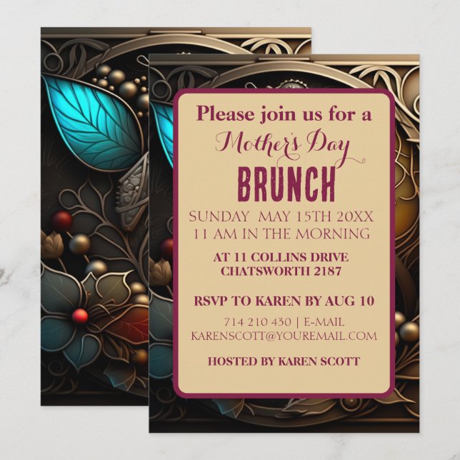 Convites Burgundy Metal Art com Dia de as mães de pérolas (Frente/Verso)