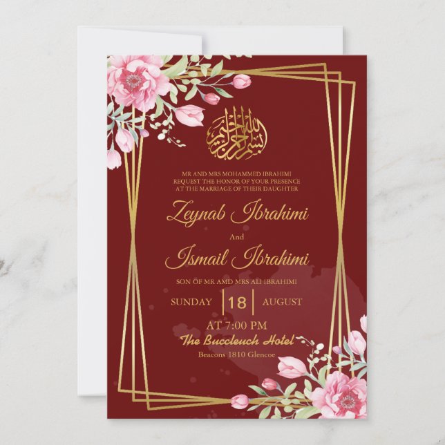 Convites Burgundy Modern, Chic Floral Muslim Casamento (Frente)