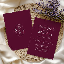 Convites Burgundy Modern Minimalist Boho Wedding Monogram