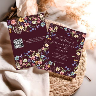 Convites Burgundy Modern QR Code Wildflower Wedding