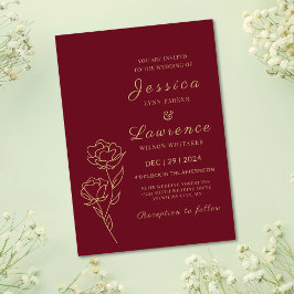 Convites Burgundy Moderna Elegante e Casamento Floral de ou