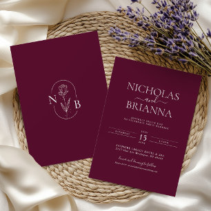 Convites Burgundy Monograma de Casamento Boho Minimalista M