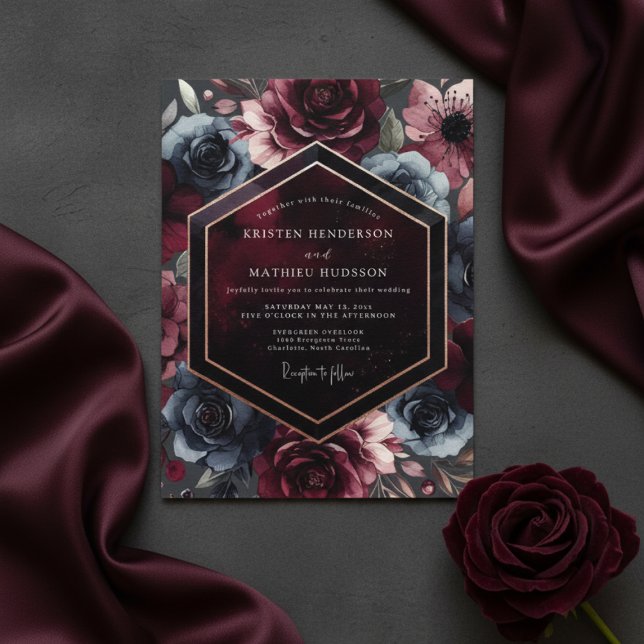 Convites Burgundy Moody Bloom Romance Wedding (Criador carregado)