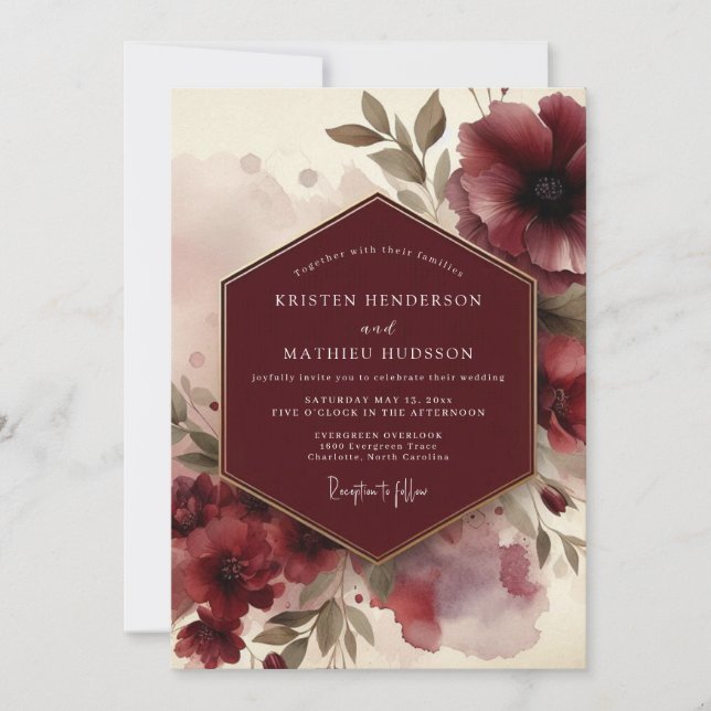 Convites Burgundy Moody Bloom Wedding (Frente)
