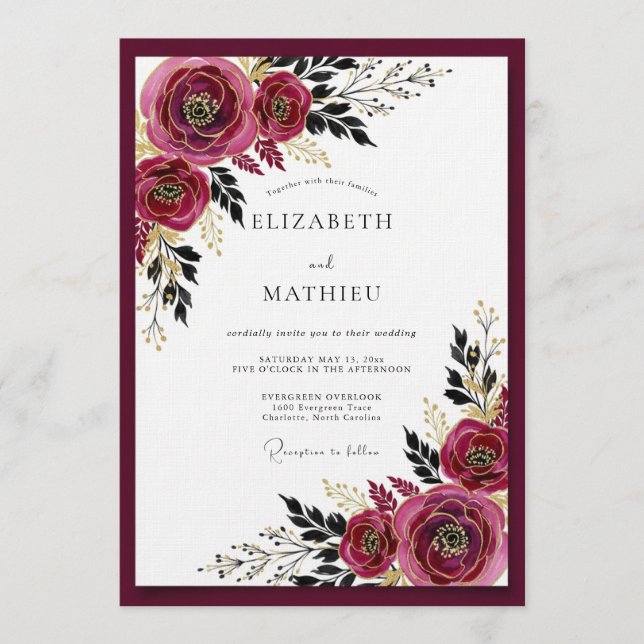 Convites Burgundy Moody Bloom Wedding (Frente)